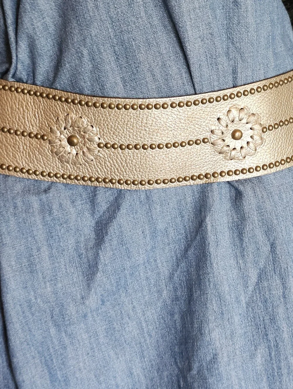 Studded And Laced Wide Contoured Champagne Leather Belt
